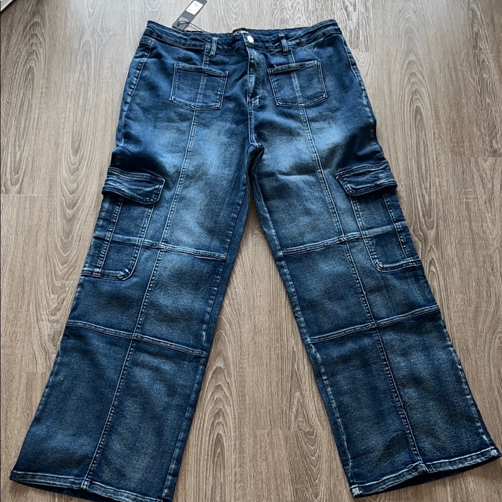 Fashion Nova Never Stop Stretch Cargo Straight Leg Jeans - Dark Wash